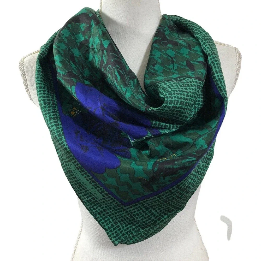 Christian Dior Autumn Green Hues Violet Floral Paisley Silk Scarf Authentic